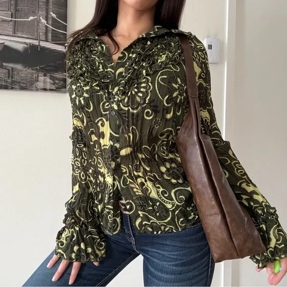 Vintage Boho Ruffle Button-Down Mesh Blouse - Picture 5 of 6